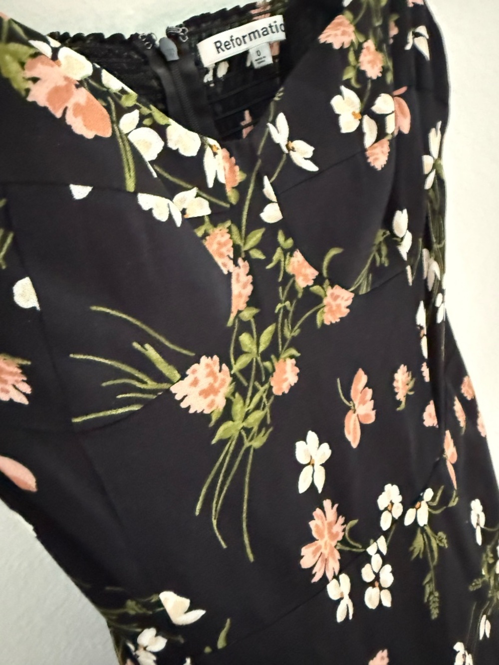 Black Floral Reformation Midi Dress w/ Shoulder Ties